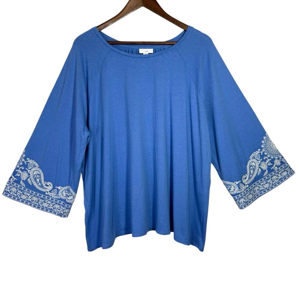 J. Jill Embroidered Blue Blouse | Women's 2X | Cotton Modal Top | Wide Sleeve